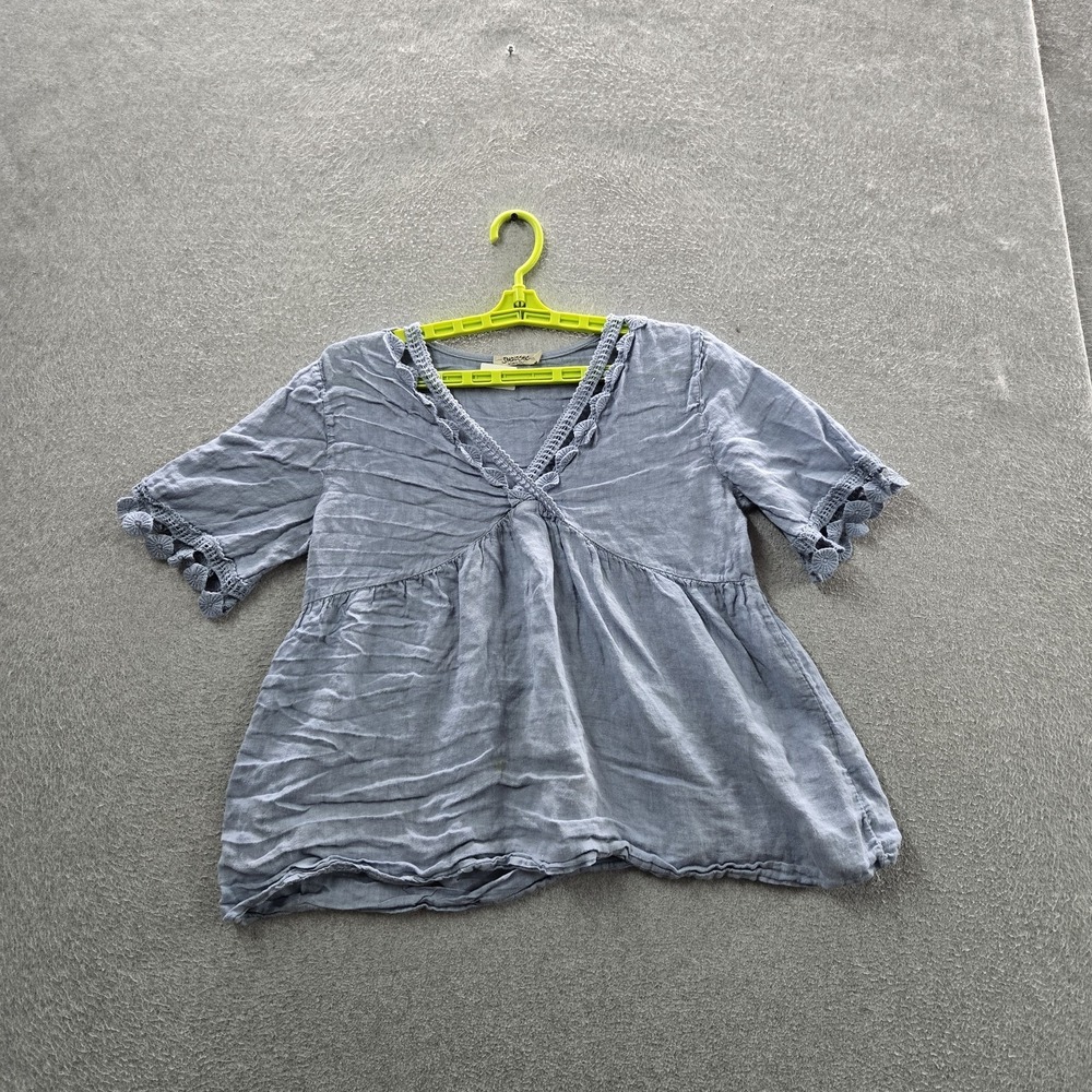 Spazio Chic Women Blouse M Blue Linen Made In Italy Peplum Crochet V-Neck